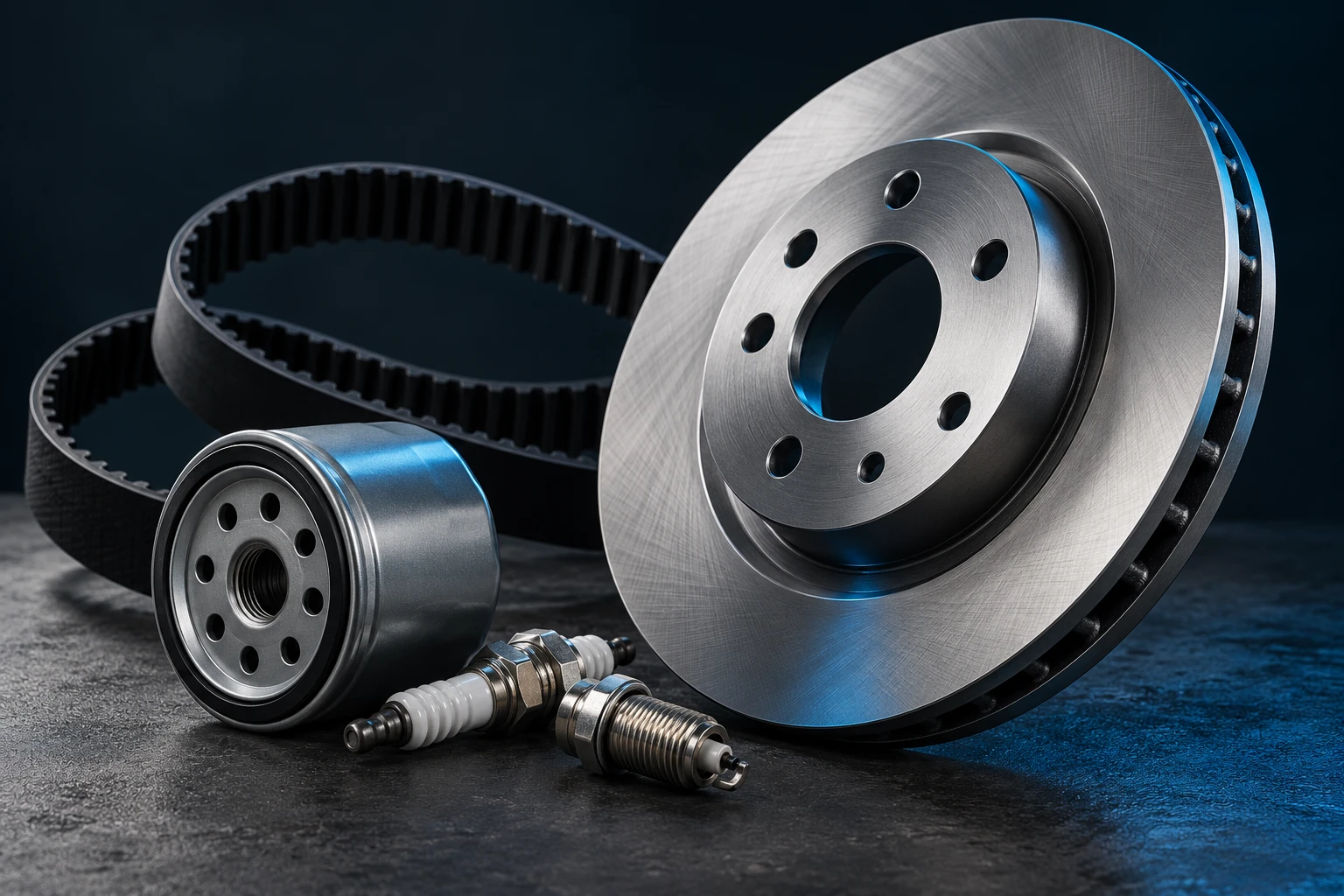 Brake disc, belt, filter and spark plugs